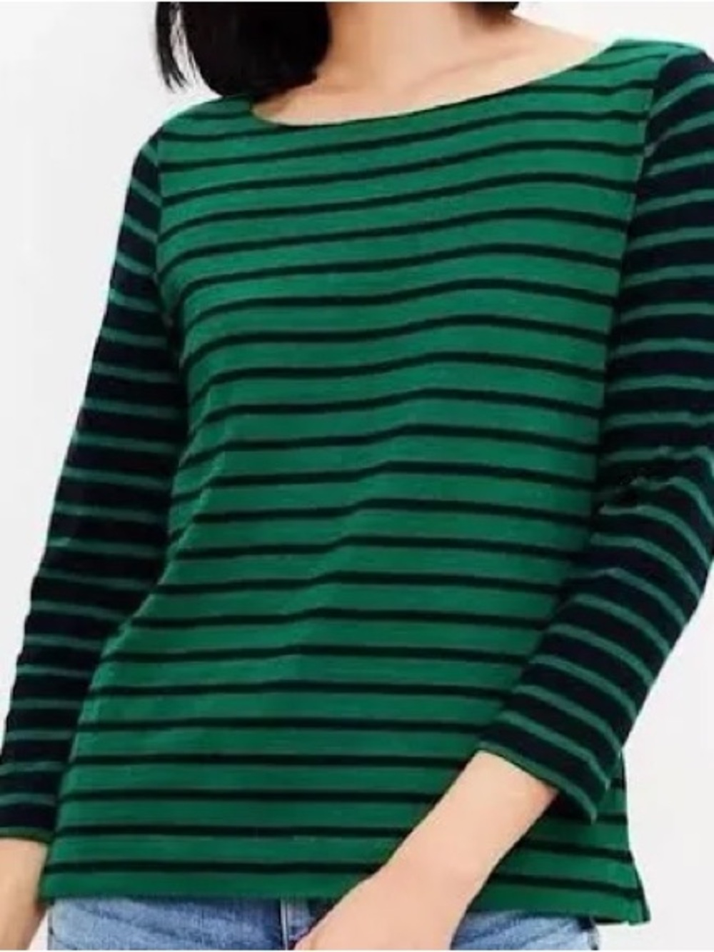 LOFT Green and Black Striped Boatneck Long-Sleeve Top size XL